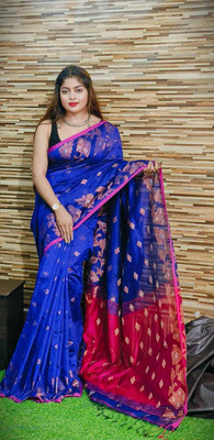 Shrutisareeghar Woven Handloom Cotton Blend Saree(Blue)