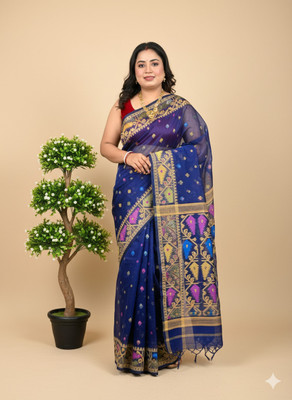 TUYA Woven Jamdani Cotton Silk Saree(Pack of 2, Blue)