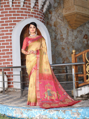 Harkitfashion Digital Print Bollywood Tissue Saree(Yellow)