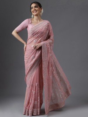 KASEE Embroidered, Floral Print Bollywood Organza Saree(Pink)