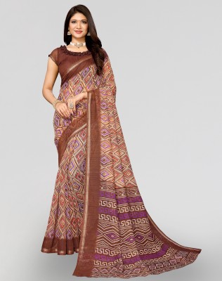 ANIRAV Printed Bollywood Cotton Linen Saree(Brown)