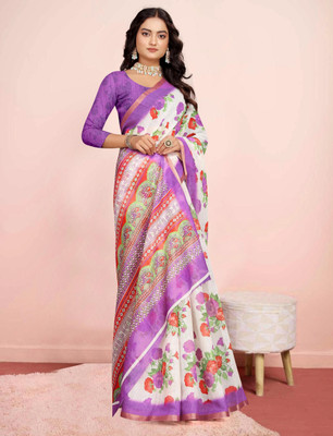 M MAANVIT Printed Kanjivaram Pure Cotton, Cotton Linen Saree(White, Purple)