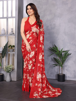NIRMOHIFASHION Printed Bollywood Georgette Saree(Red, White)