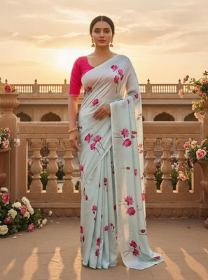 SHREESHA ENTERPRISE Floral Print Bollywood Satin Saree(Light Blue)