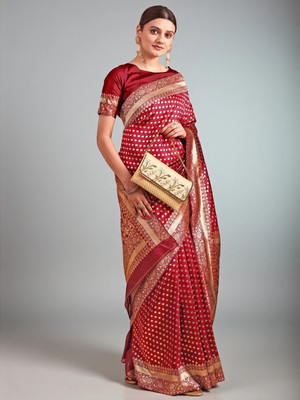 fFASHION Embellished, Solid/Plain, Striped, Temple Border, Floral Print, Dyed, Woven Banarasi Art Silk, Cotton Silk Saree(Maroon)