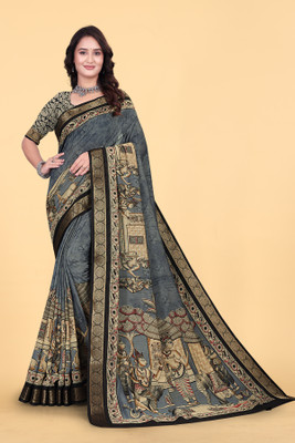 lakshmi silks Printed Kalamkari Cotton Blend, Cotton Linen Saree(Grey)