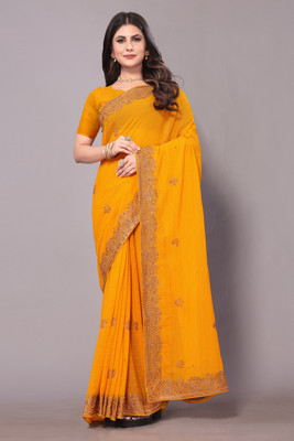 FluteFashion Embroidered Bollywood Georgette Saree(Mustard)