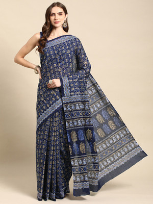 RATAN Printed Daily Wear Pure Cotton Saree(Blue)