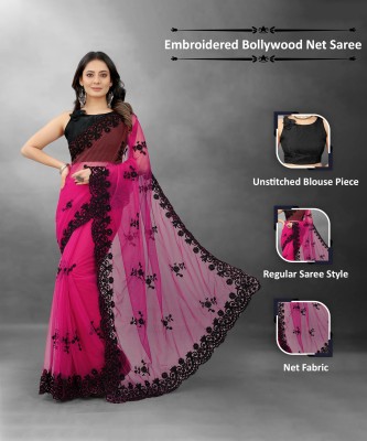 Barkiya Creation Embroidered Bollywood Net Saree(Pink)