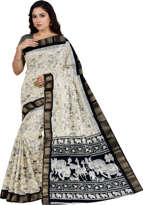 OST Animal Print, Printed, Graphic Print, Woven Kalamkari Cotton Silk Saree(White)