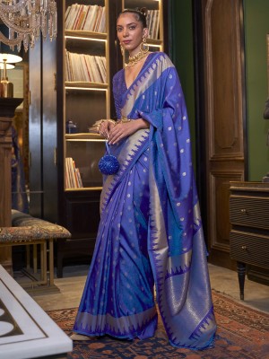 Sareemall Woven Kanjivaram Silk Blend Saree(Dark Blue)