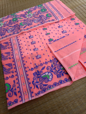 KhayaFashion Woven Tant Pure Cotton Saree(Pink)