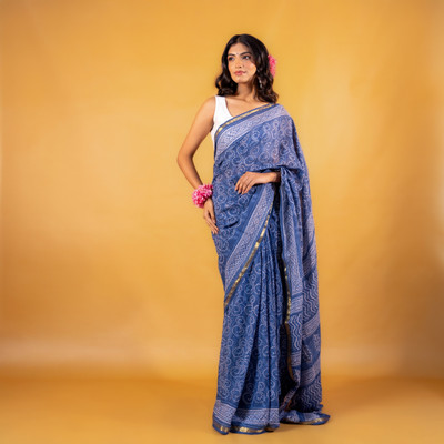 MOORA Printed Daily Wear Pure Cotton Saree(Blue)