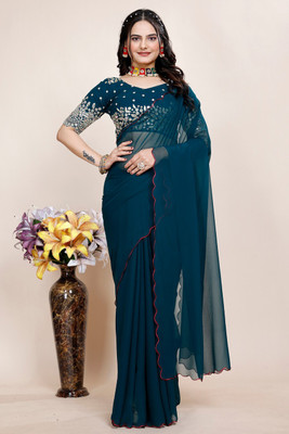 SAADHYA CREATION Embroidered, Solid/Plain Bollywood Georgette Saree(Dark Green)
