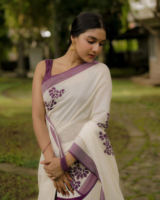 Marabout Digital Print Bollywood Cotton Linen Saree(White, Purple)
