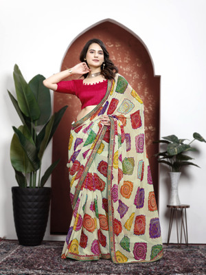 Kanooda Prints Embroidered Bandhani Georgette Saree(Multicolor)