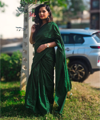 MANARIS Striped Bollywood Cotton Silk Saree(Green)