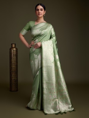 Meena Bazaar Embroidered Bollywood Art Silk Saree(Green)