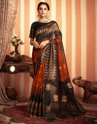Samah Woven, Embellished, Self Design Banarasi Cotton Blend Saree(Orange, Black)
