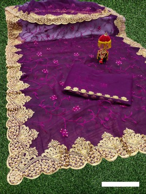 MIYANIFAB Embroidered Bollywood Net Saree(Purple)