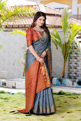LAVYANSH CREATION Printed Patola Silk Blend Saree(Grey)