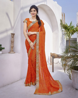 YASHIKA Printed Bollywood Georgette, Lace Saree(Orange)