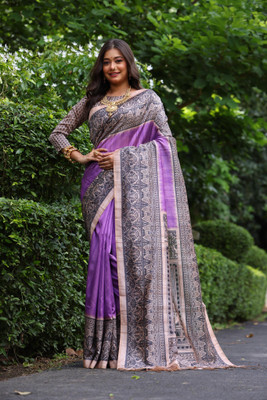 Tasrika Printed Kalamkari Tussar Silk Saree(Purple)