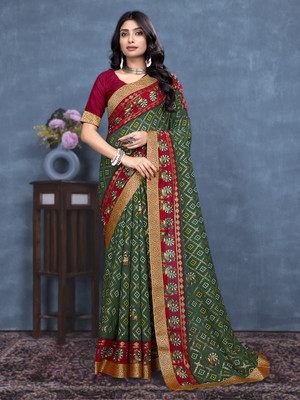 Kanooda Prints Printed Bandhani Georgette Saree(Green)