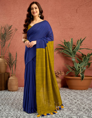 Sangria Embellished, Solid/Plain Bollywood Linen Saree(Blue)