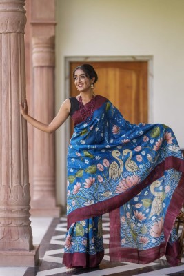 Ravenclaw Digital Print Banarasi Cotton Linen Saree(Dark Blue)