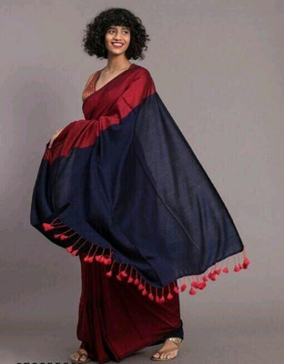 BRYNBRIT Self Design, Temple Border Handloom Cotton Blend Saree(Red)