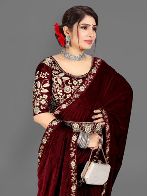 hutah Self Design Daily Wear Velvet, Lycra Blend Saree(Maroon)