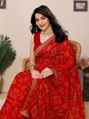 SARETRA MALL Printed Bandhani Silk Blend, Art Silk Saree(Red)