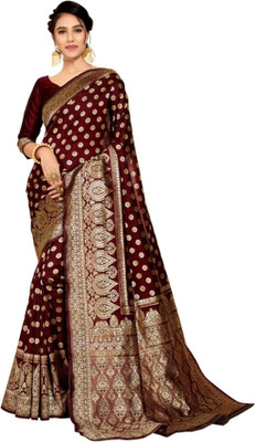 JOYSONIC Woven Kanjivaram Jacquard, Pure Silk Saree(Maroon)