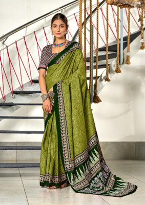Divastri Blocked Printed, Printed Chanderi Cotton Blend Saree(Green)