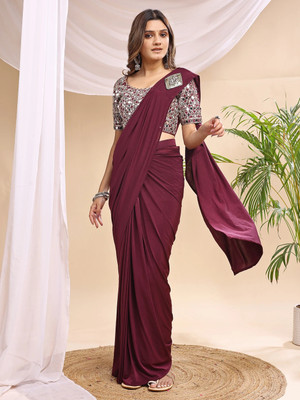 VRAJTEX FAB Solid/Plain Bollywood Lycra Saree(Maroon)