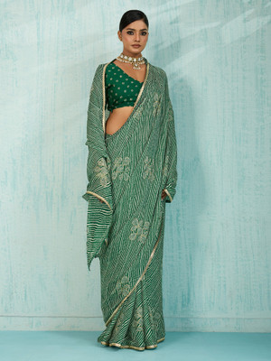 ANOUK Printed Leheria Chiffon Saree(Green)