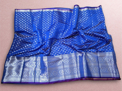 Aiman Creation Solid/Plain, Temple Border Banarasi Handloom Art Silk Saree(Blue)