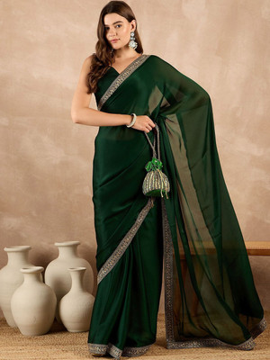 riyanshi fashion Self Design, Solid/Plain, Embellished Bollywood Georgette Saree(Green)