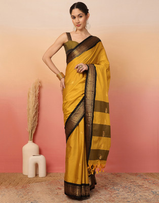 Samah Woven, Embellished Maheshwari Silk Blend Saree(Yellow, Black, Mustard)