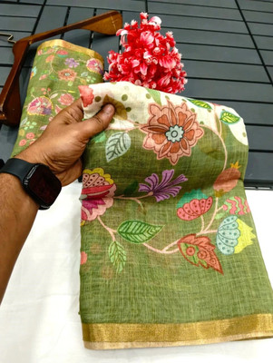 PRTRENDZ Printed, Woven Kanjivaram Pure Cotton, Cotton Linen Saree(Green)