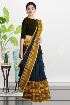 PRANATI ENTERPRISE Printed Handloom Linen Saree(Black, Yellow)