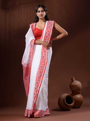 maadurga Self Design Handloom Cotton Blend Saree(White, Red)