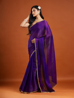 LOROFY Solid/Plain Bollywood Organza, Silk Blend Saree(Gold, Purple)