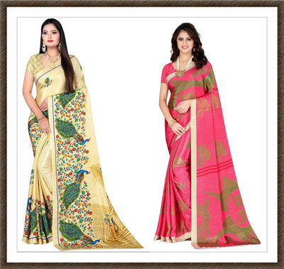 Leelavati Printed Bollywood Crepe Saree(Pack of 2, Gold, Pink)