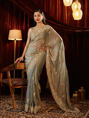 KASEE Embroidered Bollywood Silk Blend Saree(Brown)