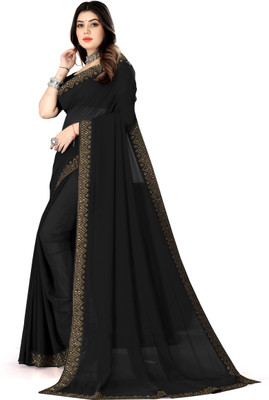 pari creation Solid/Plain, Self Design, Dyed, Embellished Bollywood Georgette Saree(Black)