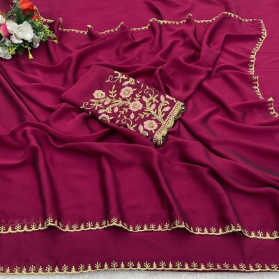 K 5 FASHION Self Design, Solid/Plain, Embroidered Bollywood Chiffon Saree(Maroon)