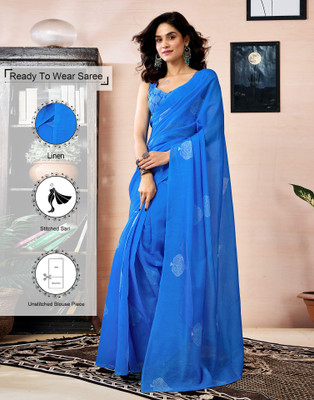 Samah Printed Daily Wear Linen Saree(Blue)
