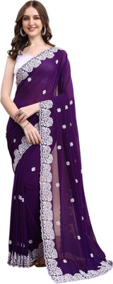 HESVI Floral Print Saree with Attached Blouse Georgette Saree(Purple)